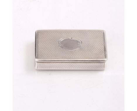 A VICTORIAN SILVER ENGINE TURNED RECTANGULAR SNUFF BOX with cartouche and embossed edge, Birmingham 1848 by Edward Smith, 6.8