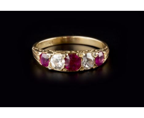 A RUBY AND DIAMOND FIVE STONE RING, alternately set with cushion-shaped rubies and old-cut diamonds, with lasque-cut diamond 