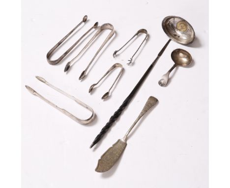 FIVE VARIOUS PAIRS OF SILVER SUGAR TONGS Georgian and later, including two with bright cut decoration; a silver fiddle patter