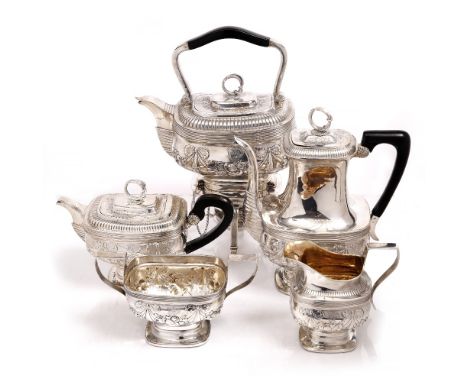 A MATCHED VICTORIAN SILVER FIVE PIECE TEA AND COFFEE SERVICE, comprising tea kettle on stand, teapot, coffee pot, sucrier and