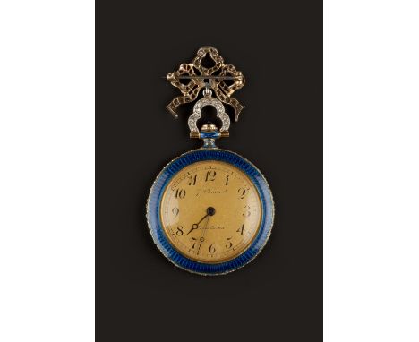 A DIAMOND AND ENAMEL FOB WATCH BY CHAUMET, the circular gilt dial with Arabic numerals and outer minute scale, signed J. Chau