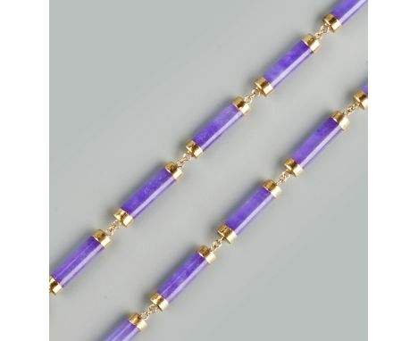 A COLLECTION OF GEM SET NECKLACES, comprising a lilac hardstone baton-link necklace, yellow precious metal mounted, indistinc