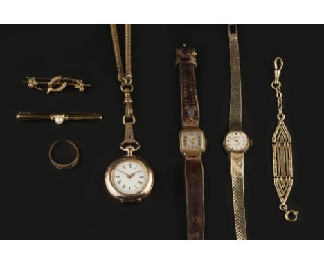 A COLLECTION OF JEWELLERY,  to include a seed pearl wishbone bar brooch, stamped '15ct', a cultured pearl bar brooch, stamped