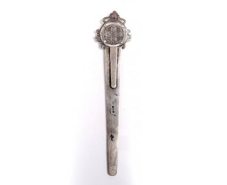 A SILVER BOOKMARK by Stuart Clifford for Asprey & Co, with coin inset handle, London 1899, 19.4cm long