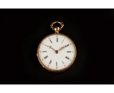 AN OPEN FACE FOB WATCH, the white enamel dial with Roman numerals, outer red 0-60 scale and pierced foliate scroll hands, to 