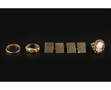 A COLLECTION OF JEWELLERY, comprising a late Victorian ruby and diamond set gypsy ring, 18ct gold mounted, a pair of 9ct gold