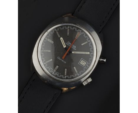 A GENTLEMAN'S 'CHRONOSTOP' WRISTWATCH BY OMEGA,  the circular grey dial with silvered baton markers, chequered flag tracking,
