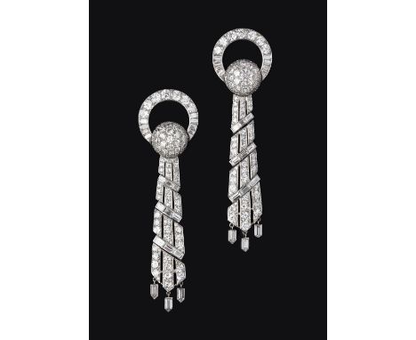 A PAIR OF DIAMOND EARRINGS BY CARTIER, each hinged and tapered hoop of graduated round brilliant and baguette-cut diamonds, t