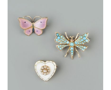 A COLLECTION OF BROOCHES,  comprising a late Victorian turquoise and ruby set butterfly brooch, inscribed 'Xmas 1895', a whit