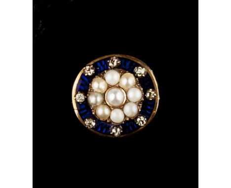 A 19TH CENTURY HALF PEARL, DIAMOND AND ENAMEL PANEL BROOCH, the circular panel centred with a cluster of half pearls, framed 