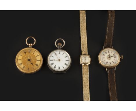 A SMALL COLLECTION OF WATCHES, comprising a lady's bracelet watch by Tissot, with square silvered dial and textured brick-lin