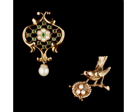 THREE CULTURED PEARL AND GEM SET BROOCHES, comprising an emerald and cultured pearl set brooch, the scrolled cartouche panel 