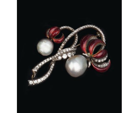 A NATURAL PEARL, DIAMOND AND ENAMEL BROOCH,  designed as a stylised honeysuckle spray, each flower heightened with red enamel