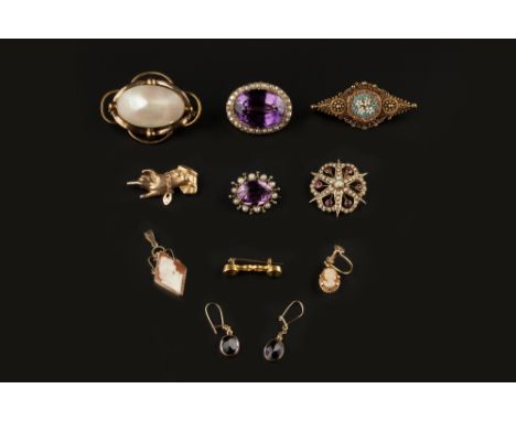 A COLLECTION OF JEWELLERY,  comprising an amethyst and half pearl cluster brooch, with later fitting, a seed pearl and gem se