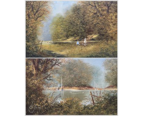 Les Parson (British 1945-): Young Boys Playing on the Lake and Moored Sailing Boats, two oils on canvas signed max 50cm x 76c