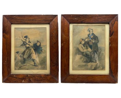 Pair of rosewood frames containing portrait watercolours, aperture 35cm x 27cm, frame 56cm x 48cm (2)