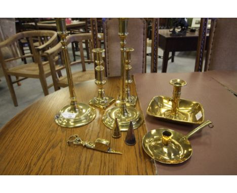 2 pairs of brass candlesticks, chamber stick, candle snuffers