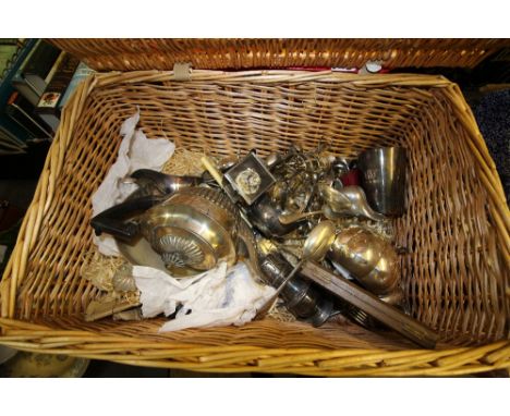 Wicker picnic hamper and a selection of silver plated wares