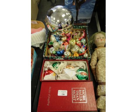 Silvered witch's type ball and vintage Christmas deer decoration