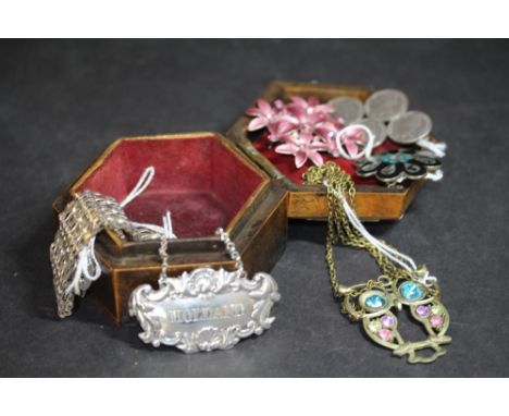 Pewter mounted Ruskin style trinket box with costume jewellery