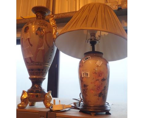 Table lamp with gold silk shade and an Oriental vase