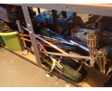 Garden tools and camping equipment including windbreaks folding stools rake shades edging shears axe pump etc
