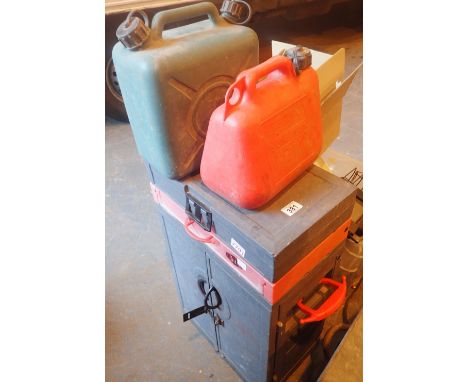 Wheeled M Tech tool cupboard with with contents and diesel and petrol plastic cans 