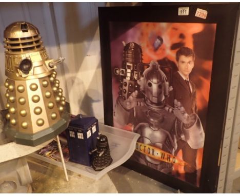 Dr Who related items including collection cards Dalek and talking tardis and a large framed print