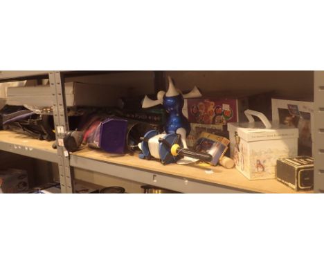 Shelf of mixed toys and games including kites Connect 4 and golf clubs etc 