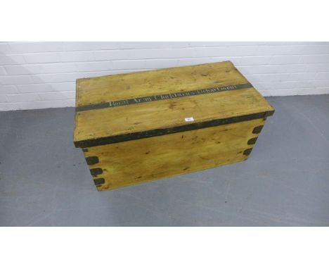 A late 19th century pine chest having a hinged lid enclosing lead lining, once belonging to the royal army chaplain departmen