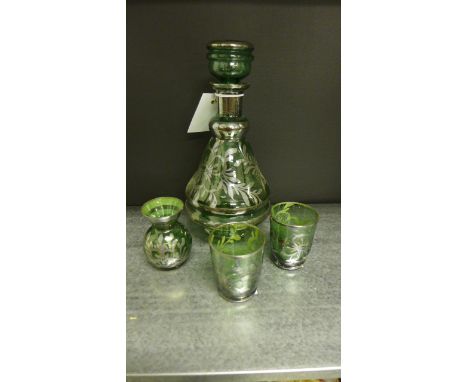 Italian green glass decanter with silver gilt overlay, together with three shot glasses (4)