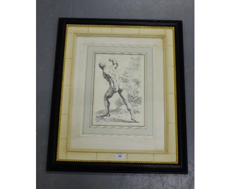 Classical male nude study, a monochrome print, contained within a contemporary black painted and giltwood glazed frame,  60 x