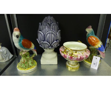 A mixed lot to include two Staffordshire parrots on naturalistic circular gilt lined bases, 24cm high, together with a cerami