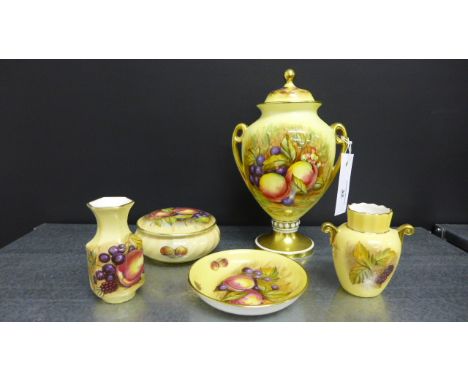 A collection of Aynsley fruit painted porcelain to include a twin handled covered vase, two miniature vases, a trinket jar an