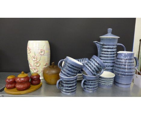 A mixed lot of mid-century pottery to include a Cinque Ports, blue glazed coffee set and a Swedish cruet set, a Staffordshire