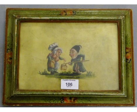 19th century school Comical watercolour sketch of an elderly man and woman, in a floral green painted frame,  29 x 22cm