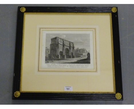 The Pantheon and Triumphal Arch,  a companion pair of historical architectural prints,  each in a black painted and giltwood 