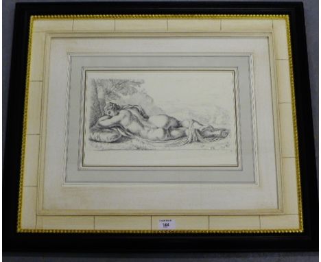 Classical female nude study, a monochrome print, contained within a contemporary black painted and giltwood glazed frame,  72