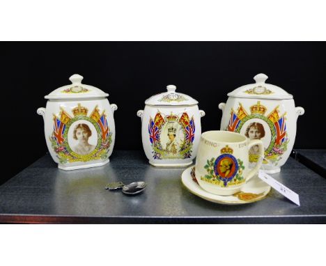 A collection of Royal Commemorative pottery to include two Queen Elizabeth 1937 Coronation Ringtons tea caddies and a Queen E