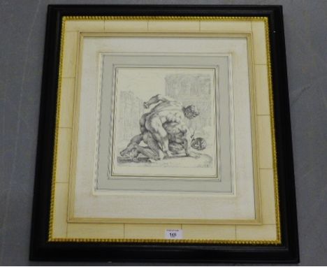 The Wrestlers,  A classical monochrome print,  contained within a black painted and giltwood glazed frame,  60 x 65cm overall
