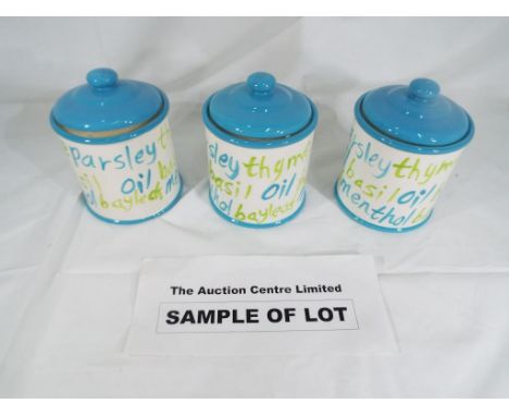 Six boxes each containing three lidded ceramic herb jars, unused retail stock, all contained in original packaging. (6)