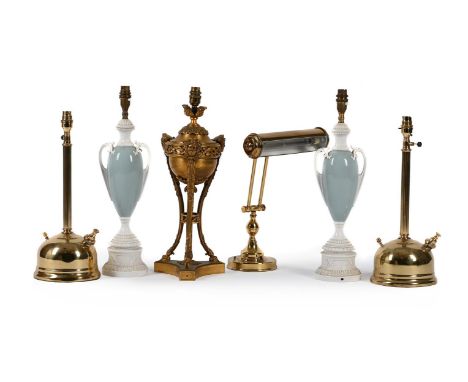 TABLE LAMPS TO INCLUDE:  A French gilt metal Athénienne lamp, early 20th century and later converted, 51cm high including fit