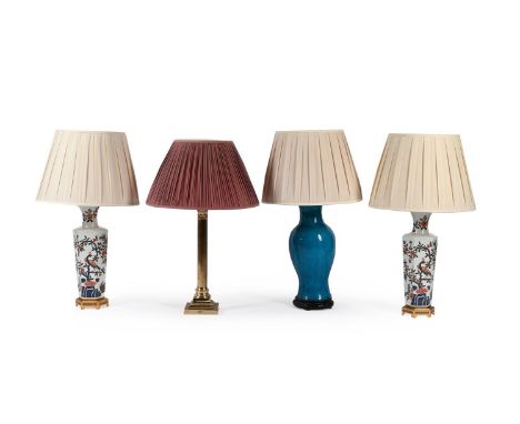 MODERN TABLE LAMPS TO INCLUDE:  A gilt brass column lamp, stepped base, 79cm high including shade; a Chinese turquoise lamp b