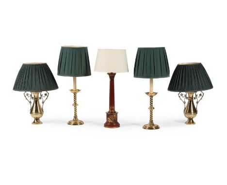 MODERN TABLE LAMPS TO INCLUDE:  A pair of Arts and Crafts style brass lamps 71cm high including shades, another pair of Arts 