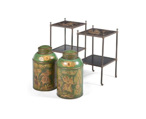 A PAIR OF MALLETT STYLE CHINOISERIE DECORATED TWO TIER OCCASIONAL TABLES  LATE 20TH CENTURY  Each with brass frame supporting