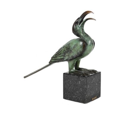 λ DIETMAR WIENING, A PATINATED BRONZE MODEL OF A HORNBILL  LATE 20TH CENTURY The avian modelled with head raised and mouth ag