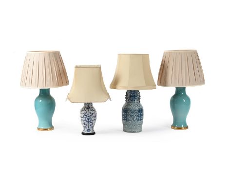 MODERN TABLE LAMPS TO INCLUDE:  A pair of turquoise glaze lamps, gilt wood bases, 76cm high; a single blue and white decorate