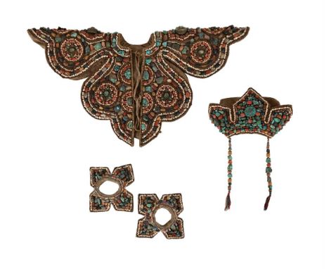 A CEREMONIAL HEADDRESS, COLLAR AND CUFFS 20TH CENTURY, TRANS HIMALAYAN REGION, PROBABLY LADAKH Set with turquoise, jasper, co