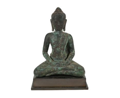 A BRONZE MODEL OF A SEATED BUDDHA SOUTH-EAST ASIAN The buddha 29cm high, on metal stand, overall height 35.5cm   Condition Re