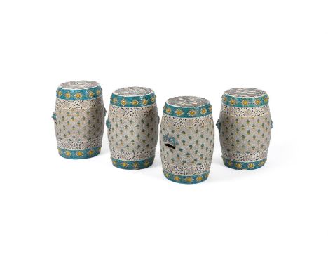 SEVEN CHINESE BARREL SEATS  CONTEMPORARY  Comprising a set of four with turquoise decoration, dragon painted tops, 45cm high;